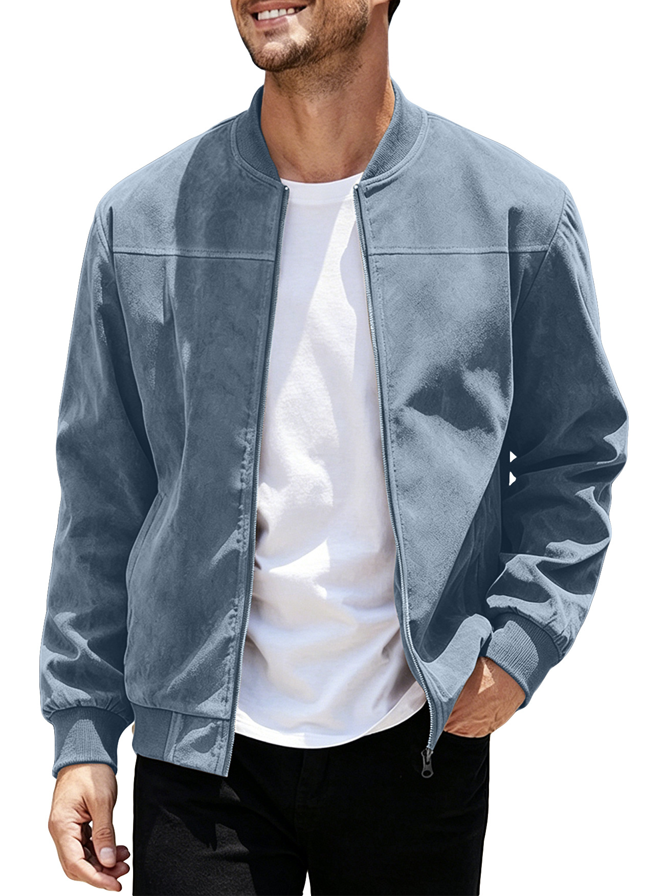 Chaqueta de aviador de gamuza para hombre, estilo europeo y americano, para otoño, color sólido, con cremallera, estilo retro americano, de manga larga.