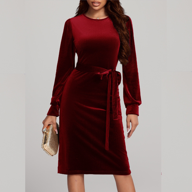 Skims cross-border Amazon independent station 2024 autumn and winter new European and American long sleeve waist gold velvet dress women