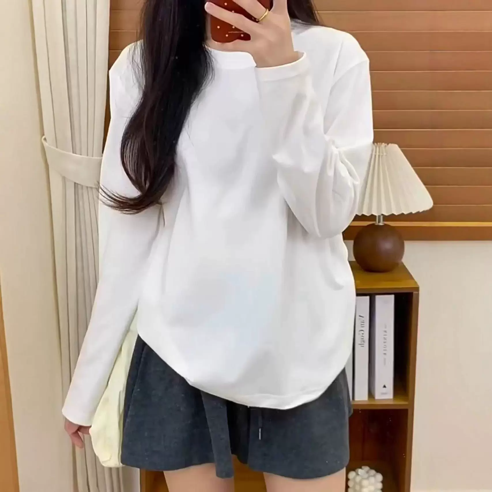 重磅纯棉女式长袖t恤2025秋装新款修身纯色正肩女上衣潮牌打底衫