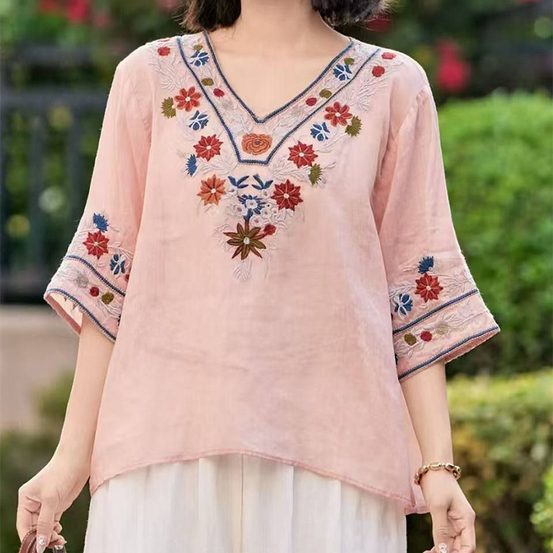 Summer New Versatile Stylish Short-Sleeve Embroidered T-Shirt for Women, New Chinese-Style Cotton and Linen Thin V-Neck Pullover Top Summer New Versatile Stylish Short-Sleeve Embroidered T-Shirt for Women, New Chinese-Style Cotton and Linen Thin V-Neck Pullover Top