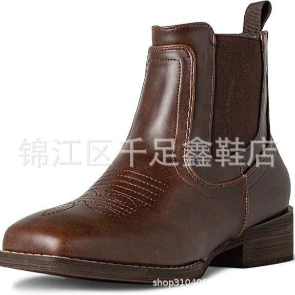 Wish Трансграничная внешняя торговля классическая вышивка ретро широкоголовый западный ковбойский сапоги квадратная вышивка Челси сапоги