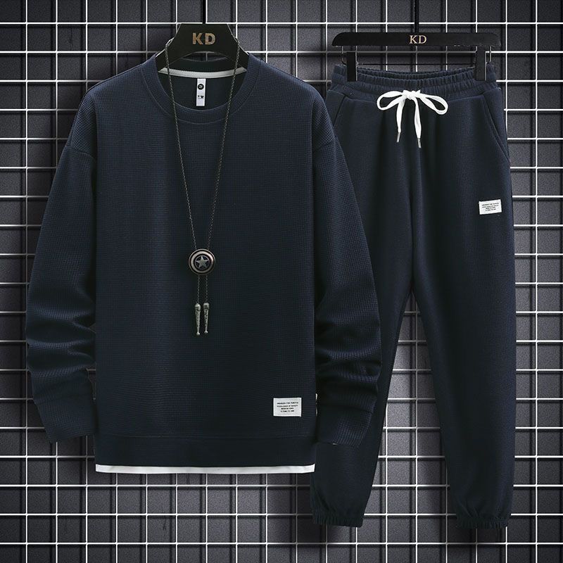 Waffle knit suit for men, new spring and autumn casual sports long-sleeve and long-pants two-piece set, trendy and stylish versatile suit