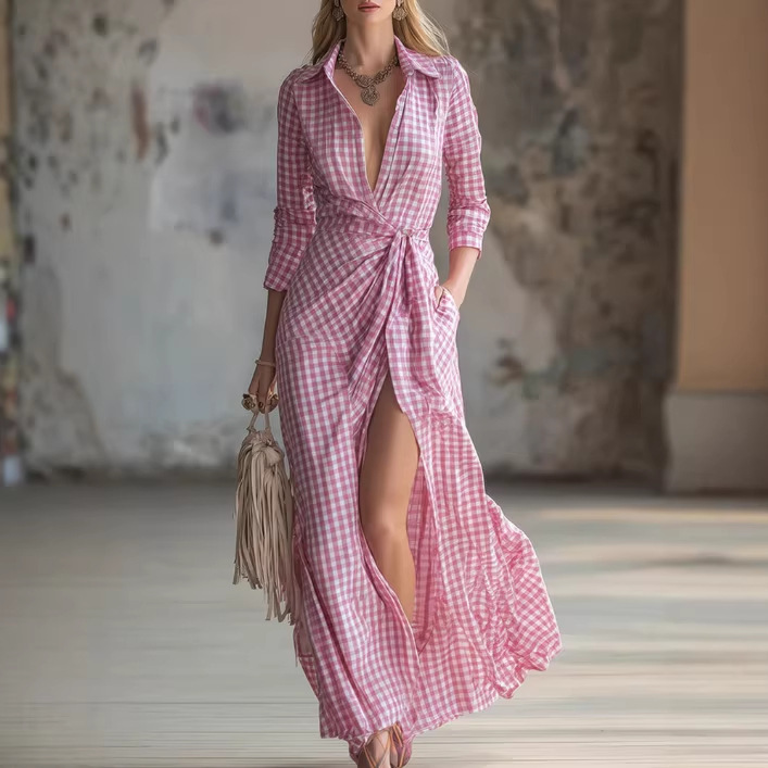 Elegant Urban Pink Plaid Wrap-Around Long Dress from European and American Cross-Border Independent Websites Elegant Urban Pink Plaid Wrap-Around Long Dress from European and American Cross-Border Independent Websites
