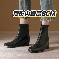 潮牌内增高~共8厘米~裸靴女韩系复古马丁靴绒面百搭方头小个子