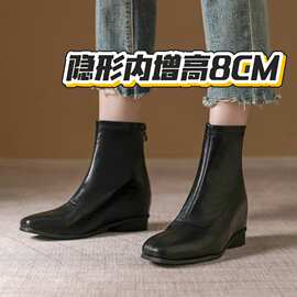 潮牌内增高~共8厘米~裸靴女韩系复古马丁靴绒面百搭方头小个子