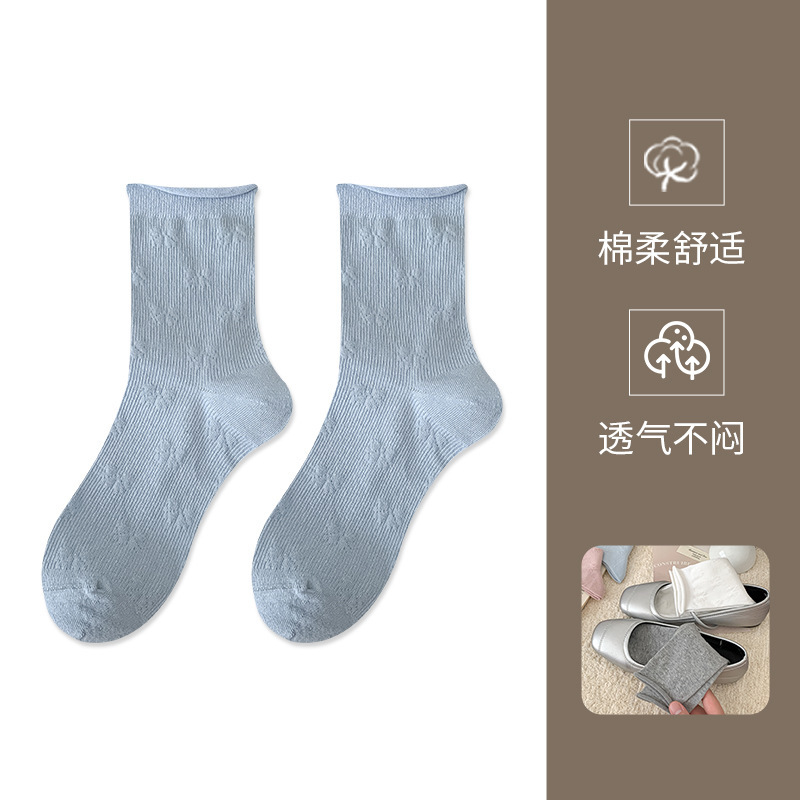 立体浮雕蝴蝶结卷边袜子女纯棉秋冬25年新款日系芭蕾风中筒堆堆袜|undefined