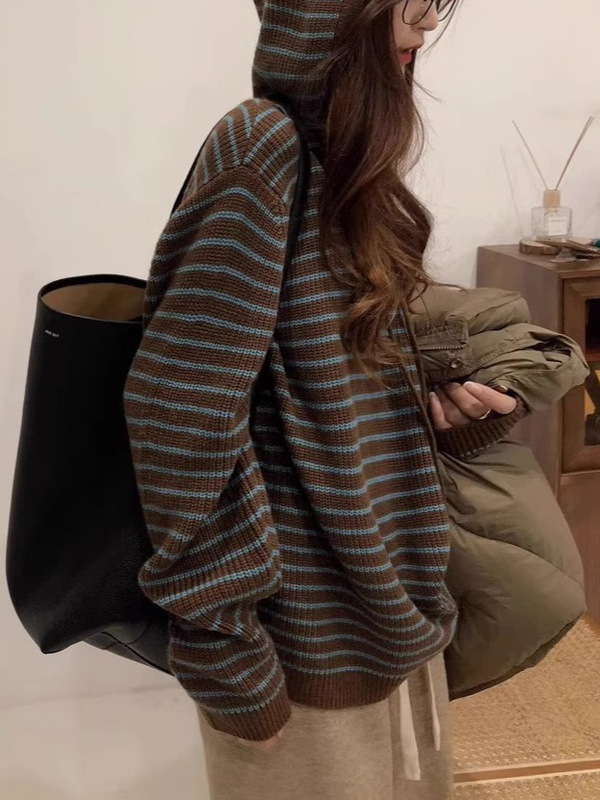 条纹连帽毛衣外套女秋冬宽松慵懒针织卫衣设计感韩系小众短款上衣|undefined
