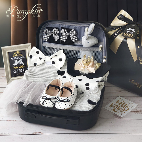 Baby High-end Gift Box Little Princess Black Gold Dress Polka Dot Set Cotton Full Moon 100th Day Baby Girl Gift