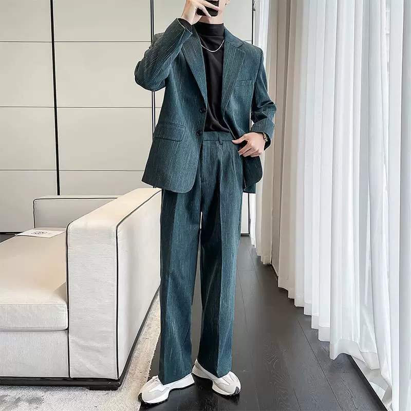 2025新款宽松大码西装炸街男女情侣丝条纹宽松西服两件套高级套装
