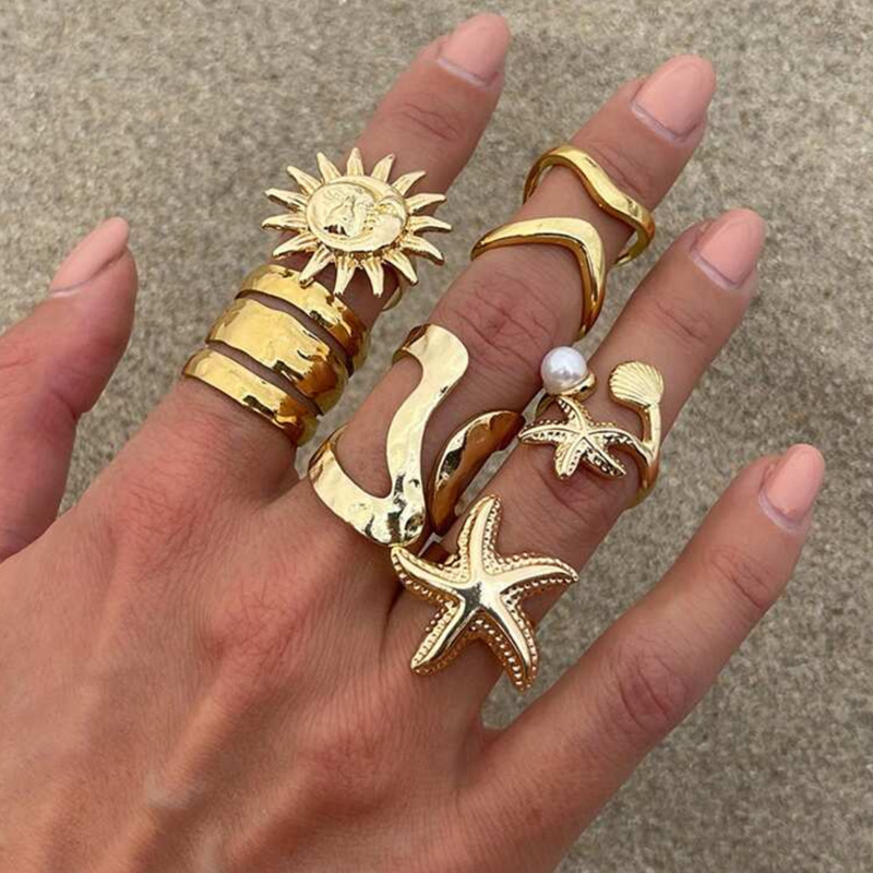 European And American Cross-border Jewelry Starfish Adjustable Open Ring Set, Fashionable Holiday Beach Accessories For_voghion.com