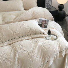 高級感秋冬雕花牛奶絨織帶款四件套加厚保暖公主蝴蝶結花被套床品