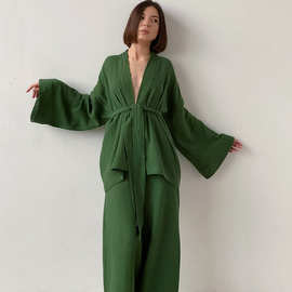 春夏季家居服法式宽松睡袍批发套装双层纱布女士睡衣纯色女汗蒸服
