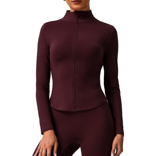 Stand collar zipper yoga dress, women's coat, windproof slim long-sleeved shirt, sports running, solid color, all-match coat