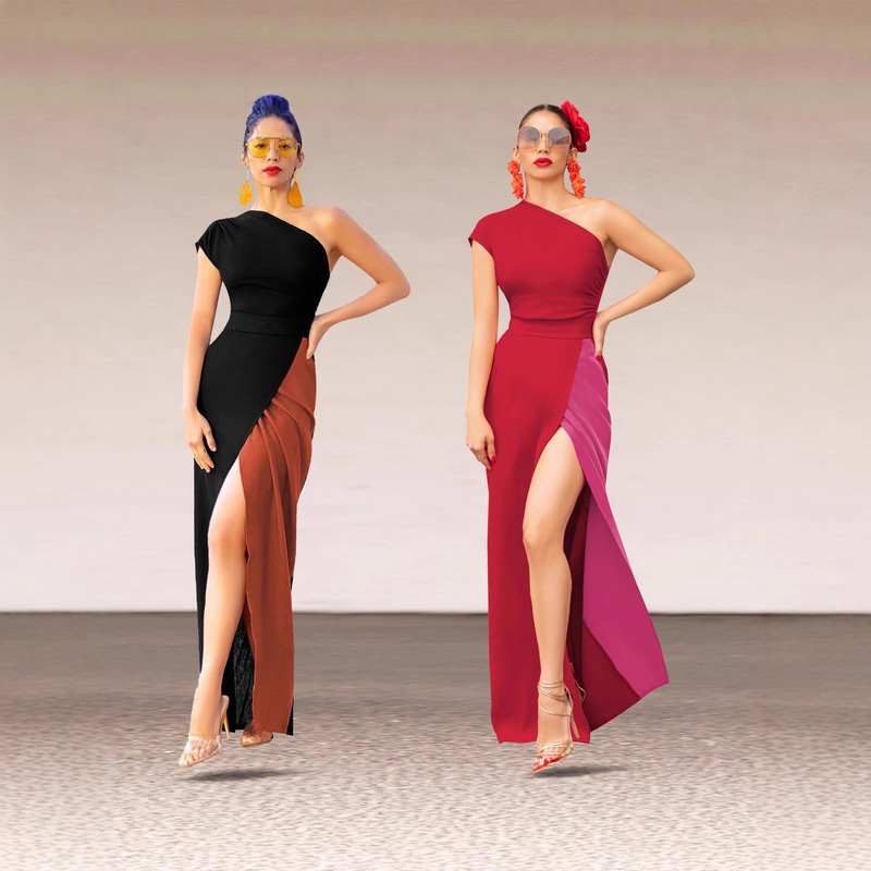 3244 Amazon European and American Cross-Border Color Matching One-Shoulder Long Dress Wedding Guest Dress ​ ​ Elegant Style