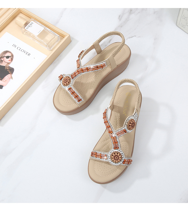 Kvinnors fritidssandal sommar bekväma glittrande strandpärlor utomhus bröllopsskor med öppen tå plattform kilsandaler_voghion.com