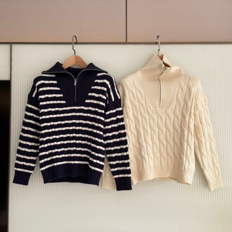 25 New Winter Style Women's Korean Style Simple Half-Zip Navy Collar Striped Cable Knit Pullover Half-Zip Sweater