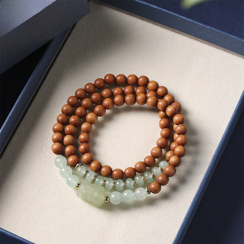 Sandalwood Buddhist beads bracelet 6mm multi-strand mixed with Dongling jade, vintage simple and elegant, women's wooden literary style