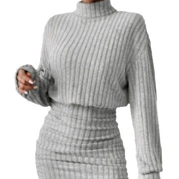 European and American women's autumn/winter slim-fit fashion ribbed high-neck hip-hugging long-sleeved dress