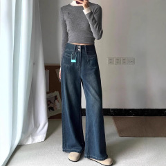 レトロブルーハイウエストワイドレッグジーンズ女性のための春と秋の新しい大きいサイズ梨型ボディルーズ痩身フロアレングスストレートパンツ