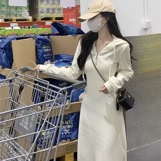 大码初秋连帽长款卫衣连衣裙女款胖mm300斤早秋韩系穿搭裙子长裙
