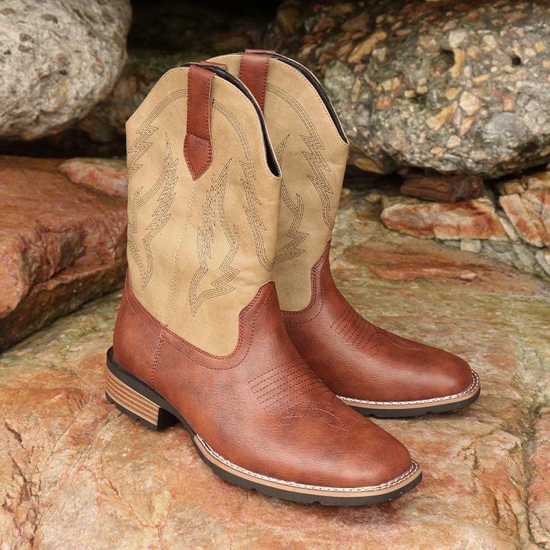 Vintažiniai kvadratiniai plius dydžio kaubojiški batai vyrams_voghion.com