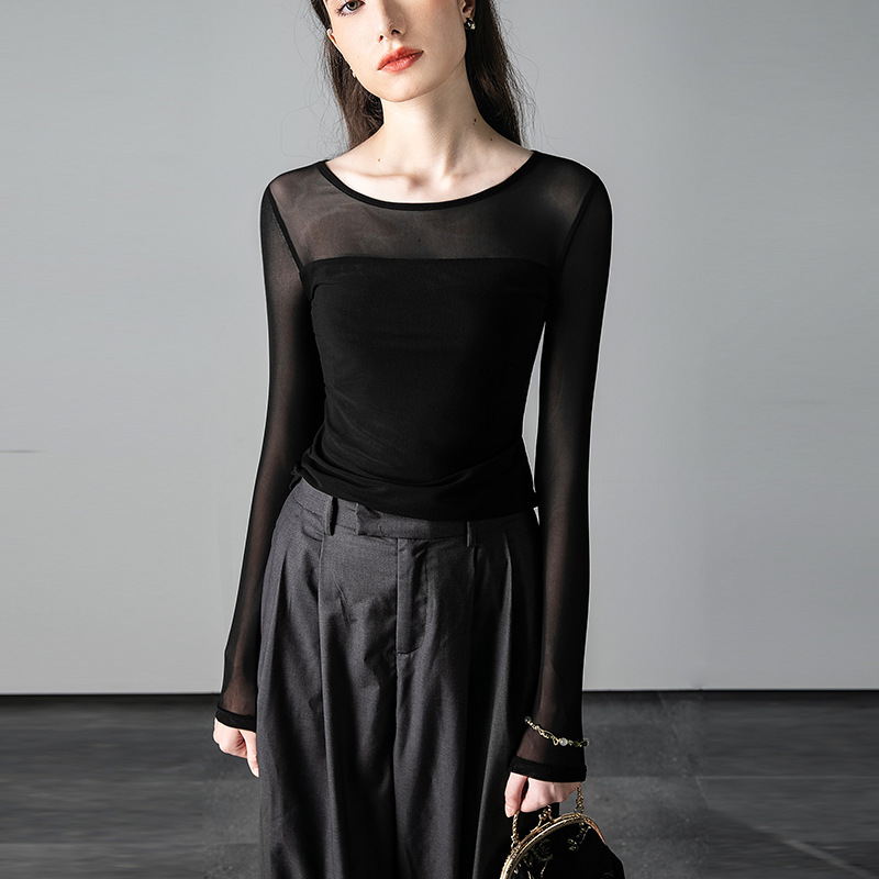 Soft Elastic Texted Mesh Long Sleeve European and American Sexy Semi-transparent Top Base Shirt Lace Black Slim-fit Shirt Soft Elastic Texted Mesh Long Sleeve European and American Sexy Semi-transparent Top Base Shirt Lace Black Slim-fit Shirt