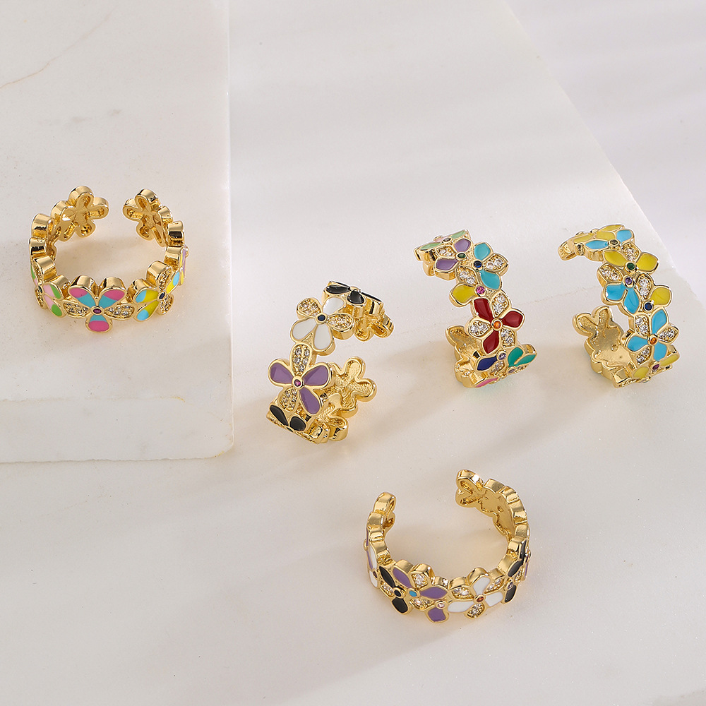 Fashion Flower Copper Enamel Gold Plated Zircon Open Ring 1 Piece