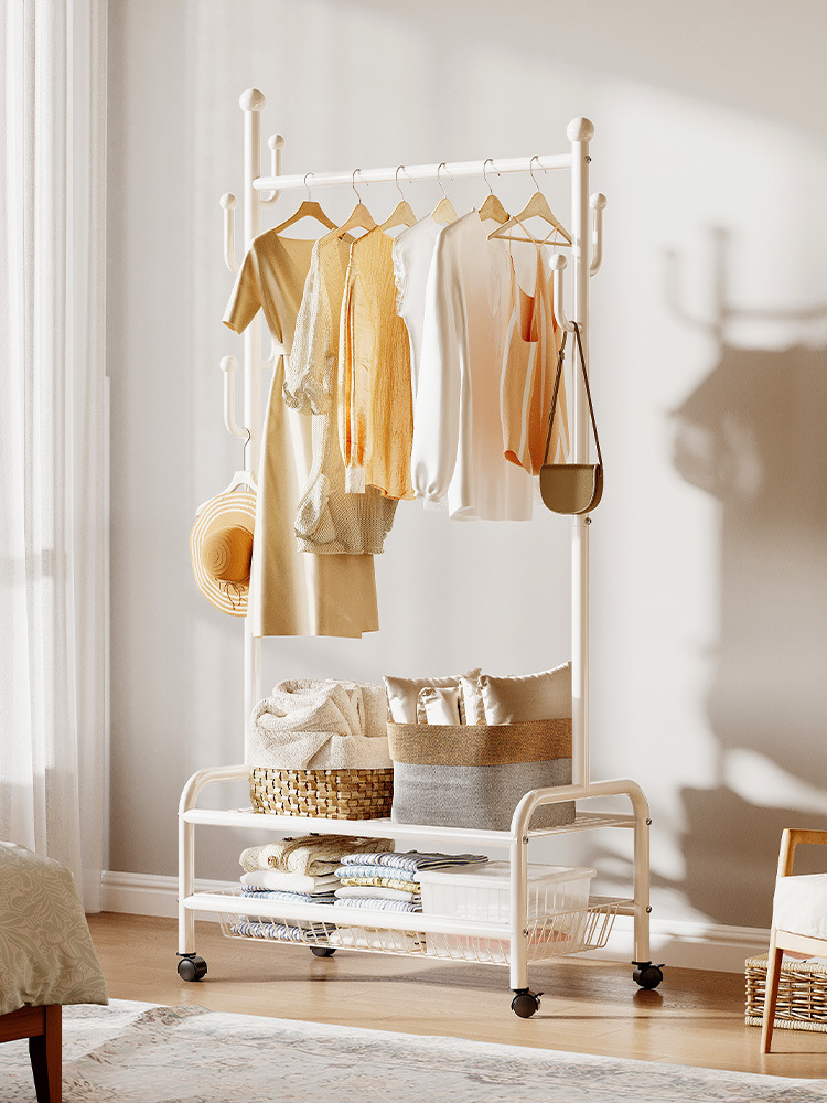 奶油風鐵藝可移動式帶輪衣帽架落地臥室衣服掛架衣架收納架掛衣架