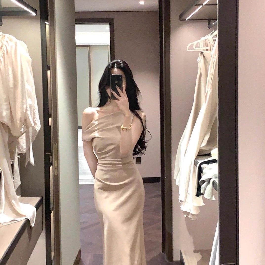 Asymmetrical Shoulder Elegant Dress Women's Gown 2025 Swing Collar French Summer Royal Sister Satin High-End New Mermaid Style