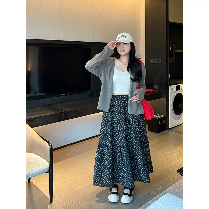 大码女装碎花拼接蛋糕裙胖妹妹松紧腰a字裙 文艺显瘦中长款半身裙