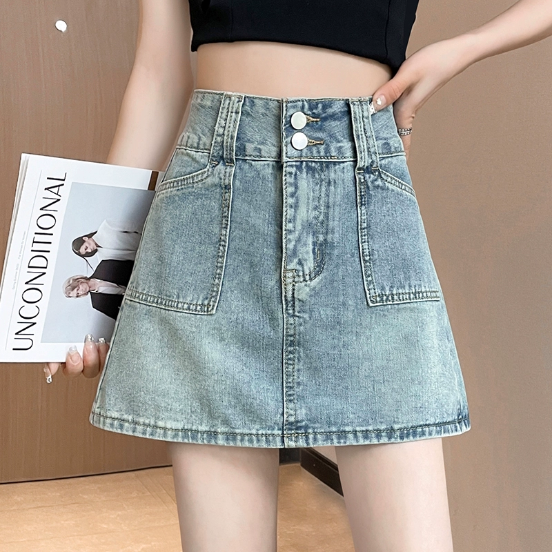 Джинсовая юбка Юбка-трапеция женская, лето 2025, новая короткая юбка с высокой талией, полуюбка, юбка, закрывающая бедра, модная юбка в один шаг