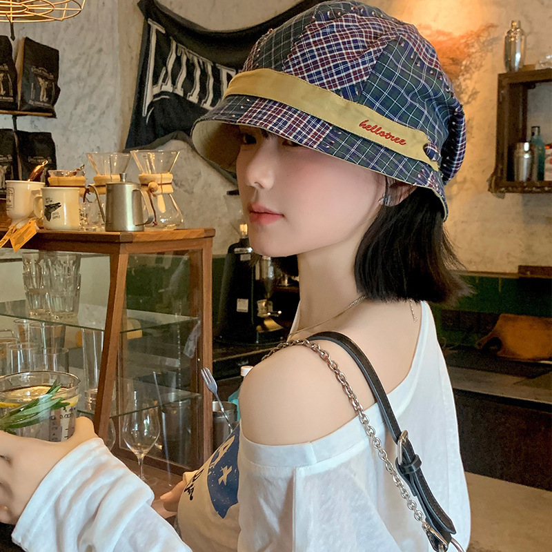 韩系复古格纹拼色渔夫帽女小众百搭文艺盆帽大头围显脸小水桶帽子|undefined