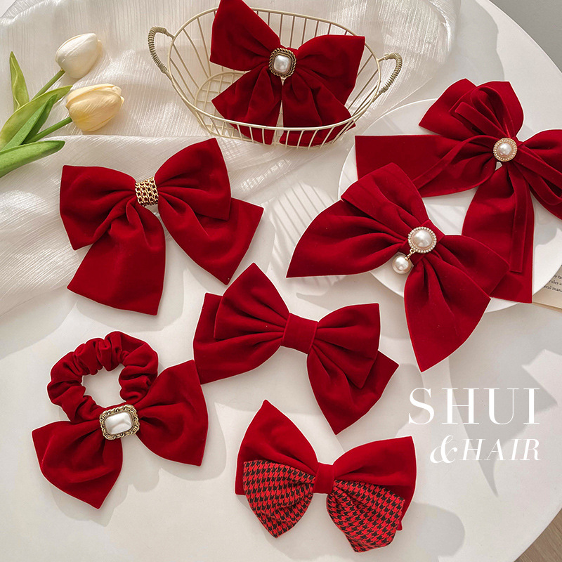 红色丝绒头绳大蝴蝶结发夹女后脑勺夹子大号复古新娘头饰发卡发绳