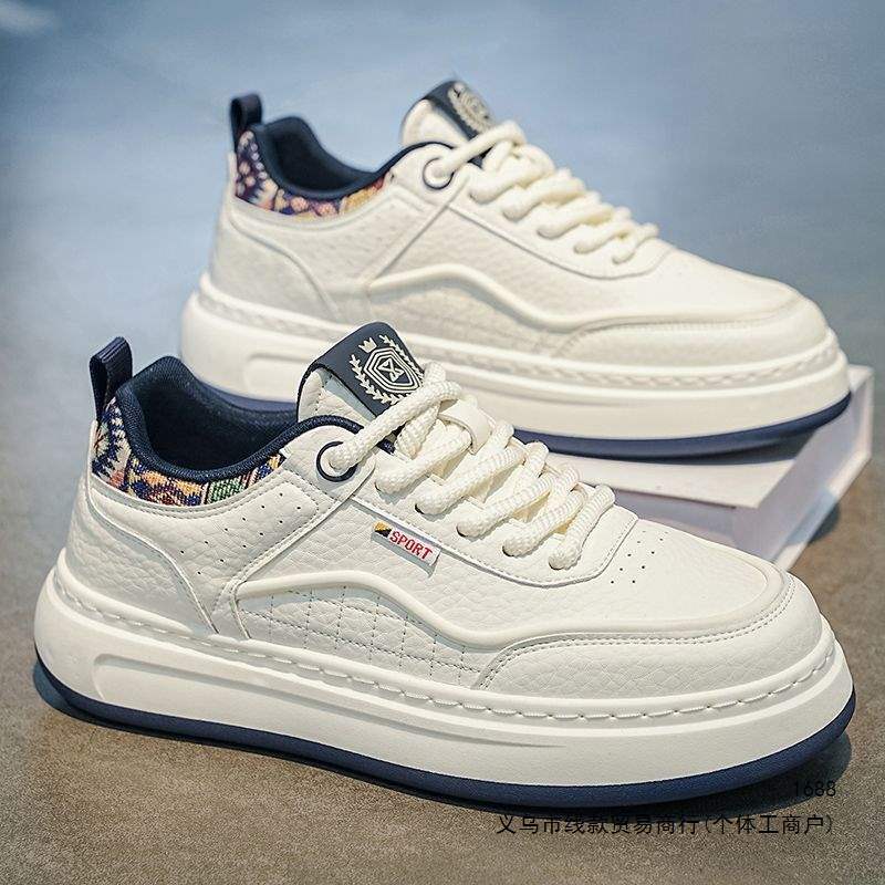 Men's white casual sneakers for autumn, featuring a leather upper, non-slip sole, Korean style, versatile design, thick sole for added height, and a trendy sporty look