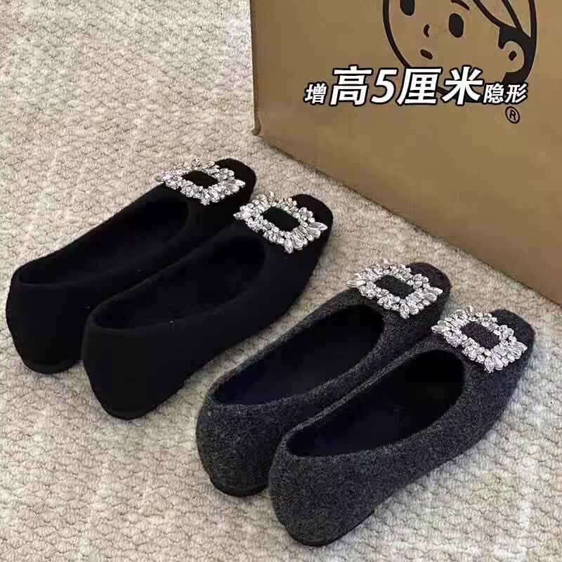 内增高单鞋女2025新款秋冬季加绒方扣水钻外穿百搭呢子浅口单鞋