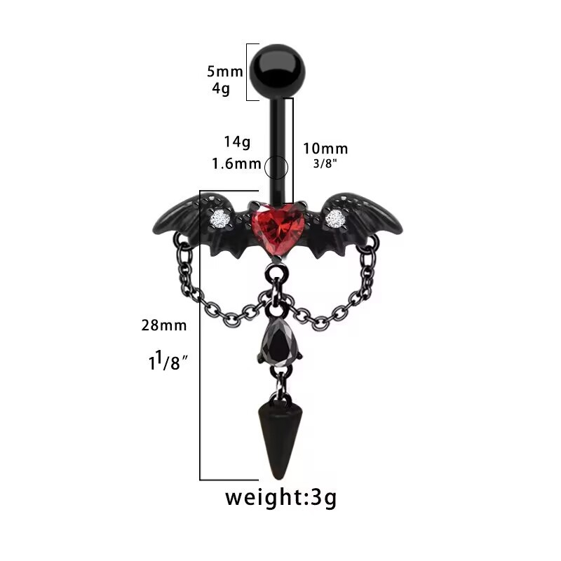 Belly Button Ring With Bat Wing And Cone Charm, Gothic Style_voghion.com