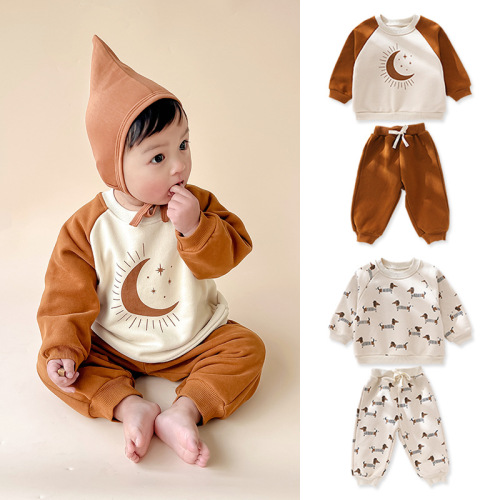 2024 Infant Sweater Fleece Suit Male and Female Baby Spring New Children's Suit Long Sleeve Sweater Two-piece Set