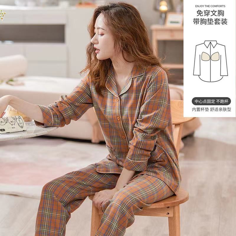 Pijama con cojín de pecho para mujeres primavera y otoño mangas largas 2023 nuevo conjunto de ropa de casa de otoño para mujeres