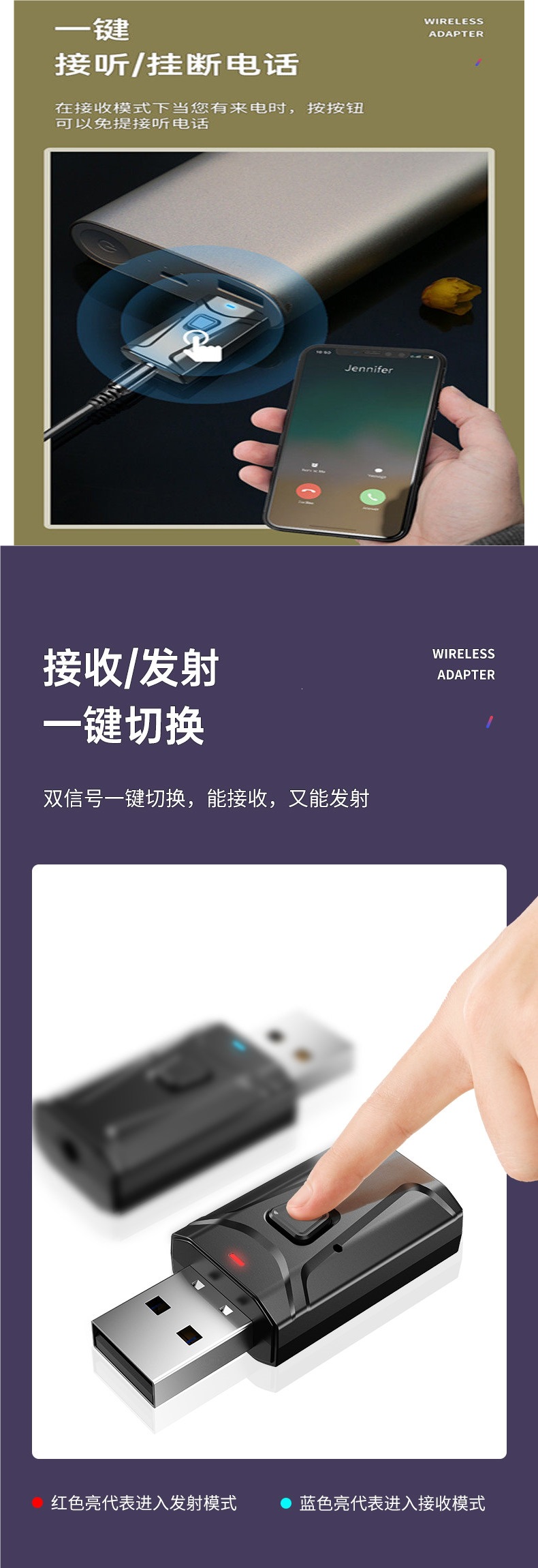 Four-in-one Bluetooth 5.0 audio transmitter and receiver for computer, TV, speaker, headphones, and hands-free calling in the car