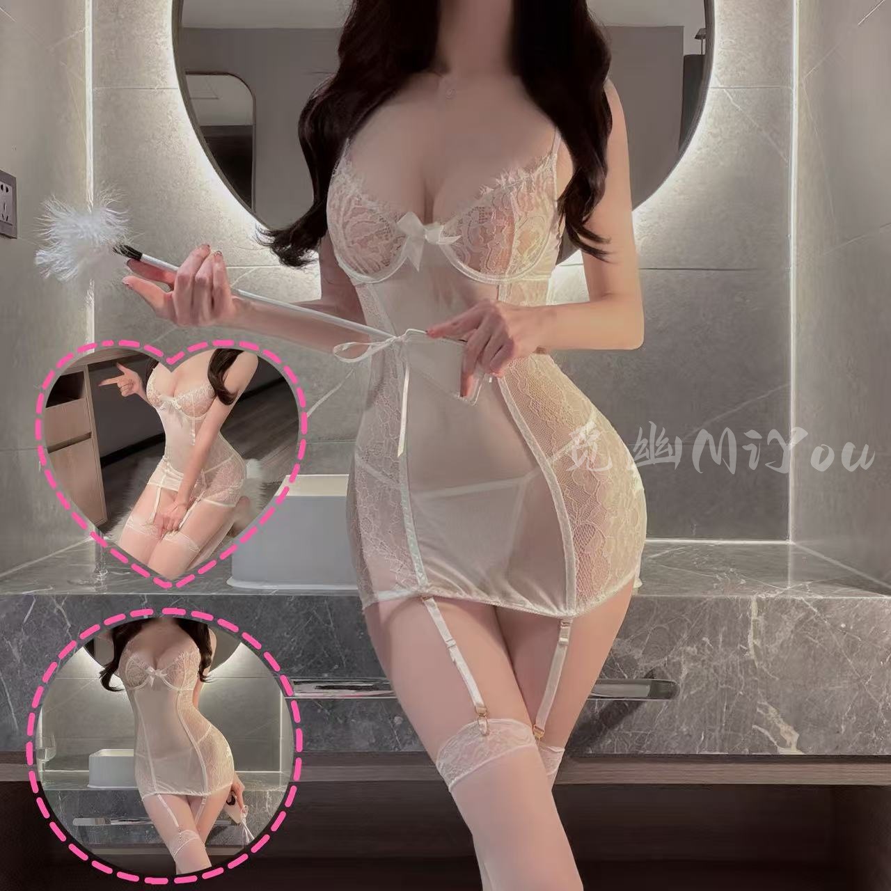 Miyou seksikkäät ja seksikkäät puhtaat pyjamat ja sukat, puhdas halu, ei tarvitse riisua yöpaita, pienet rinnat parin hauskoja alushousuja naisille Y8099