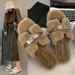 Korean Style Furry Slippers for Women Autumn 2025 New H-Shaped Plush Flats-Soled Outer Wear Internet Celebrity Flats-Soled Ladies Gentle Slippers