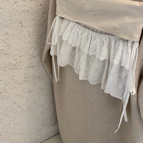 Korean-style embroidered white lace-hole design semi-slip dress French spring lace tulle mini skirt ballet style