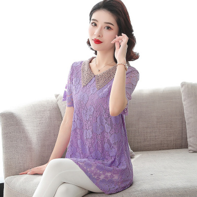 Short sleeved Lace shirt summer 2021 new pattern Large Mid length version Doll collar jacket mom Western style Blouse