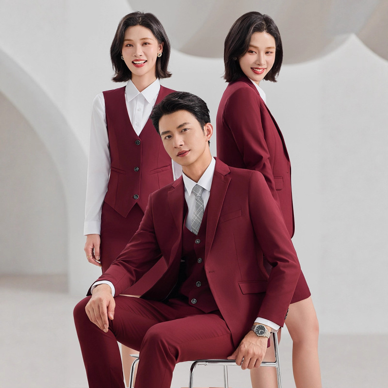 High-End Burgundy Suit Suit for Men and Women in Autumn and Winter Hotel Business Corporate Formal Wear One-Button Professional Work Clothes High-End Burgundy Suit Suit for Men and Women in Autumn and Winter Hotel Business Corporate Formal Wear One-Button Professional Work Clothes