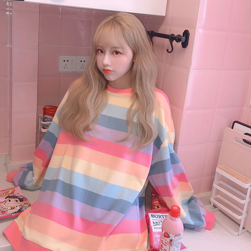 Autumn and Winter Rainbow Stripesd Long-Sleeved Hooded Sweatshirt for Women Korean Style Trendy Cross-Border Loose Harajuku Thin Top Jacket for Women