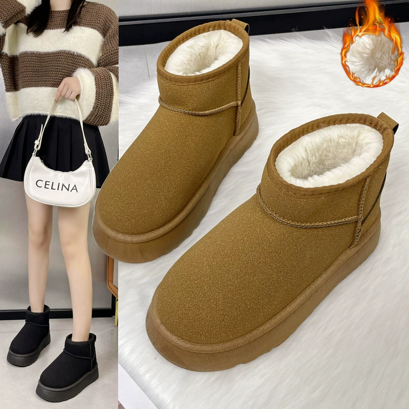 Женские зимние сапоги на толстой подошве, новая модель 2025 года, на флисовой подкладке, утолщенные, короткие, теплые, уличные хлопковые ботинки, нескользящие, увеличивающие рост, меховые.