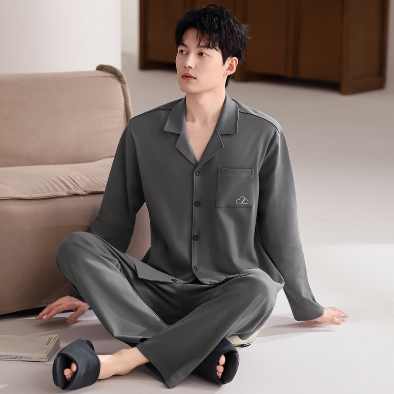 Pure Cotton Pajamas for Men 2025 Spring and Autum Pure Color Simple Long-Sleeved Cardigan Lapel Casual Home Wear Set Can Be Worn Outside