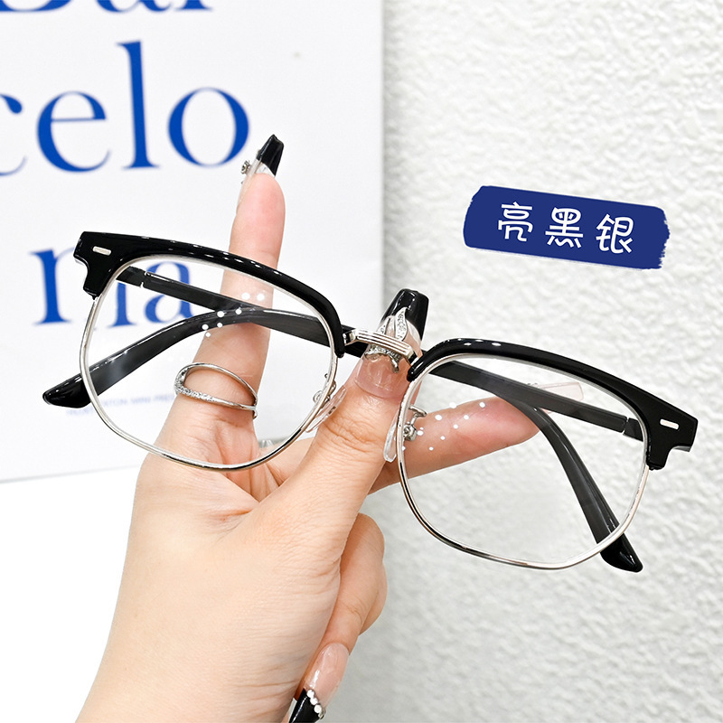 Retro medio marco gafas de tecnología hombre marco negro estudiantes de literatura y arte miopia simple gafas de luz plana anti-luz azul marco de gafas image 7