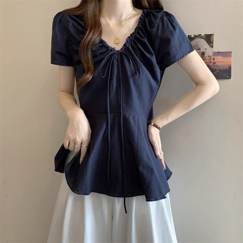 Thai Wholesale Plus-Size V-Neck Short-Sleeve Shirt for Women, Summer Large Size Waist-Cinching Babydoll Puffy Top