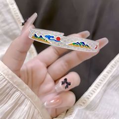 新中国式千里江山足銀999描金エナメル彩蝶銀ブレスレット中実開口ブレスレットは調節できる